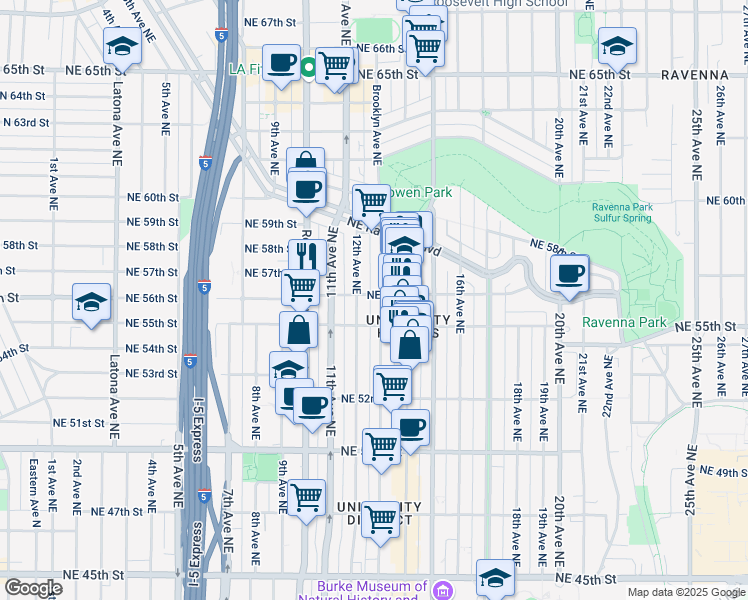map of restaurants, bars, coffee shops, grocery stores, and more near 5619 Brooklyn Avenue Northeast in Seattle