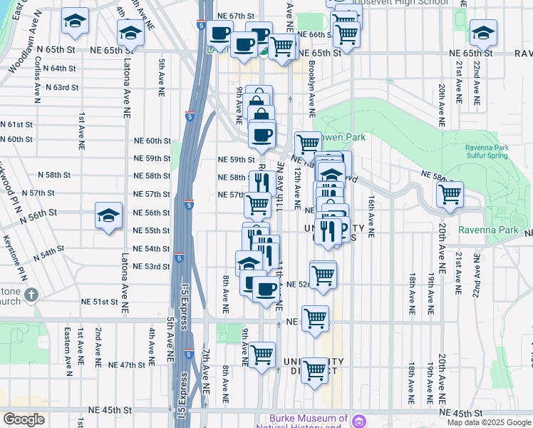 map of restaurants, bars, coffee shops, grocery stores, and more near 5618 Roosevelt Way Northeast in Seattle