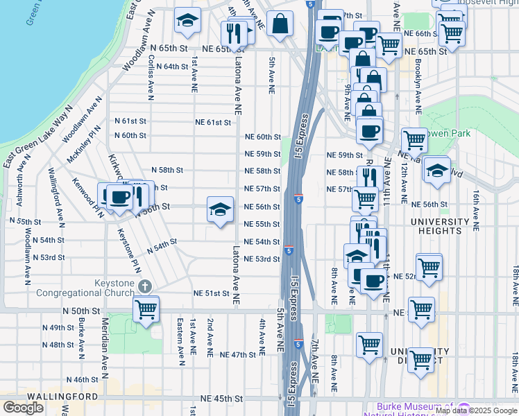 map of restaurants, bars, coffee shops, grocery stores, and more near 349 Northeast 57th Street in Seattle