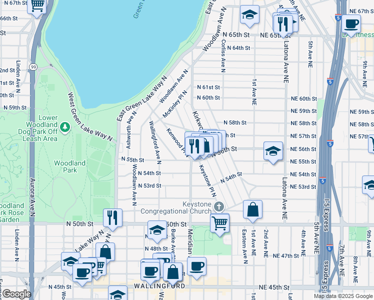 map of restaurants, bars, coffee shops, grocery stores, and more near 5651 Keystone Place North in Seattle