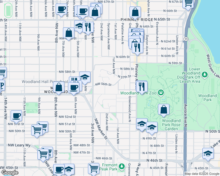 map of restaurants, bars, coffee shops, grocery stores, and more near 101 Northwest 58th Street in Seattle