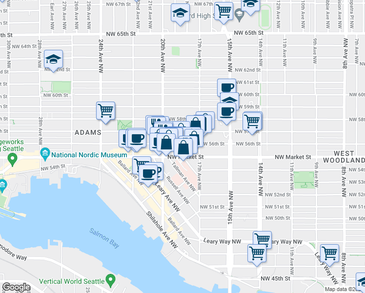 map of restaurants, bars, coffee shops, grocery stores, and more near 1743 Northwest 57th Street in Seattle