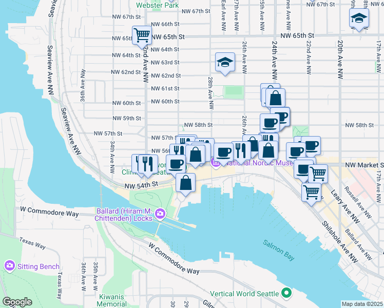 map of restaurants, bars, coffee shops, grocery stores, and more near 2825 Northwest 57th Street in Seattle