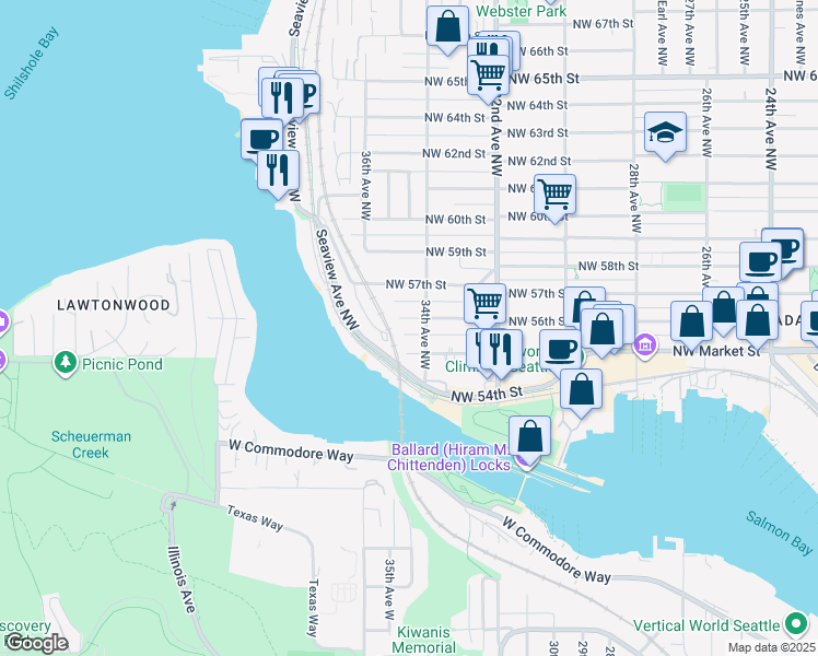 map of restaurants, bars, coffee shops, grocery stores, and more near 3406 Northwest 56th Street in Seattle