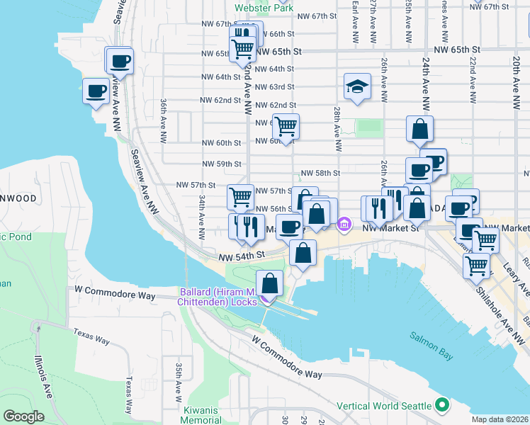 map of restaurants, bars, coffee shops, grocery stores, and more near 3037 Northwest 56th Street in Seattle