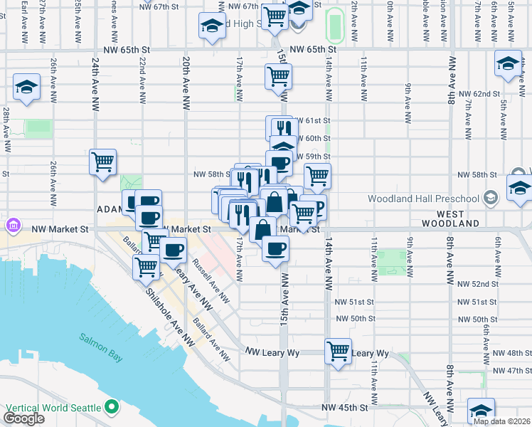 map of restaurants, bars, coffee shops, grocery stores, and more near 1527 Northwest 57th Street in Seattle