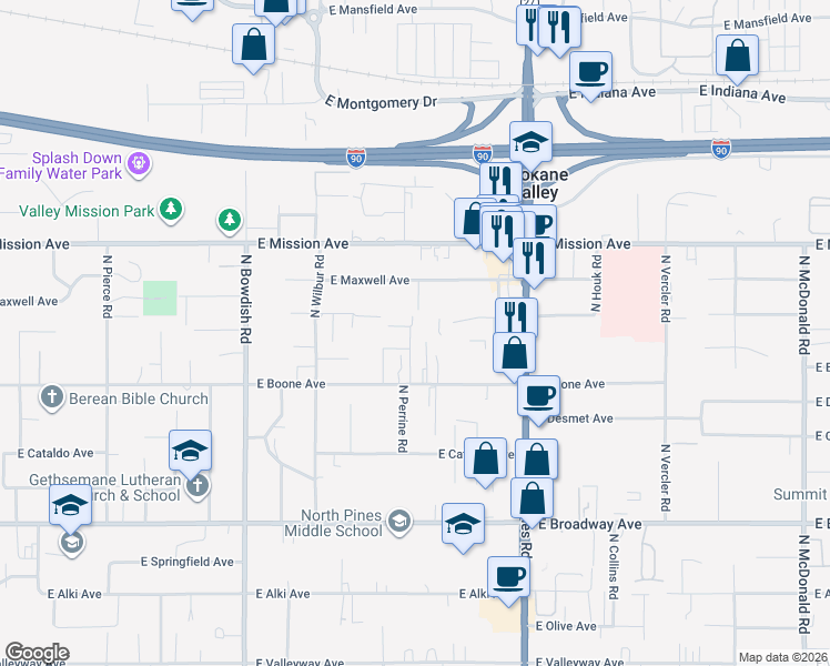 map of restaurants, bars, coffee shops, grocery stores, and more near 11915 East Sinto Lane in Spokane Valley