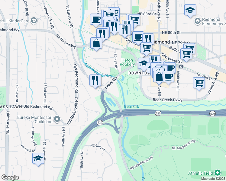 map of restaurants, bars, coffee shops, grocery stores, and more near 15827 Leary Way in Redmond