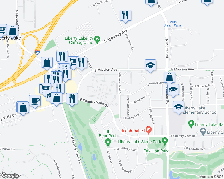 map of restaurants, bars, coffee shops, grocery stores, and more near 22855 Country Vista Drive in Liberty Lake