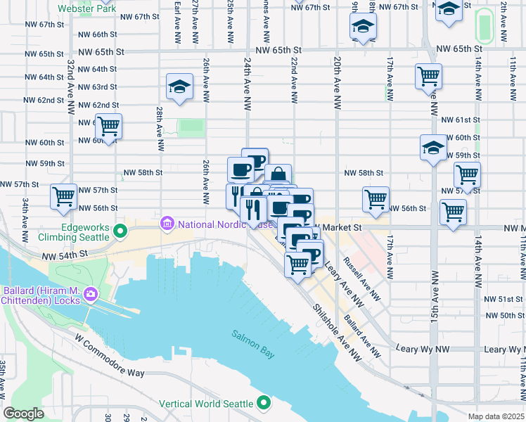 map of restaurants, bars, coffee shops, grocery stores, and more near 2245 Northwest 56th Street in Seattle