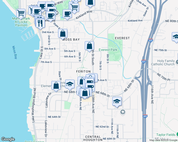 map of restaurants, bars, coffee shops, grocery stores, and more near 777 6th Street South in Kirkland