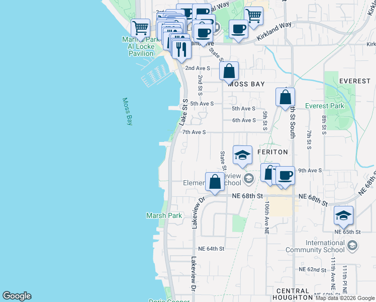 map of restaurants, bars, coffee shops, grocery stores, and more near 734 1st Street South in Kirkland