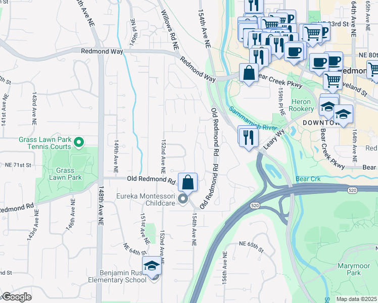 map of restaurants, bars, coffee shops, grocery stores, and more near 7212 153rd Avenue Northeast in Redmond