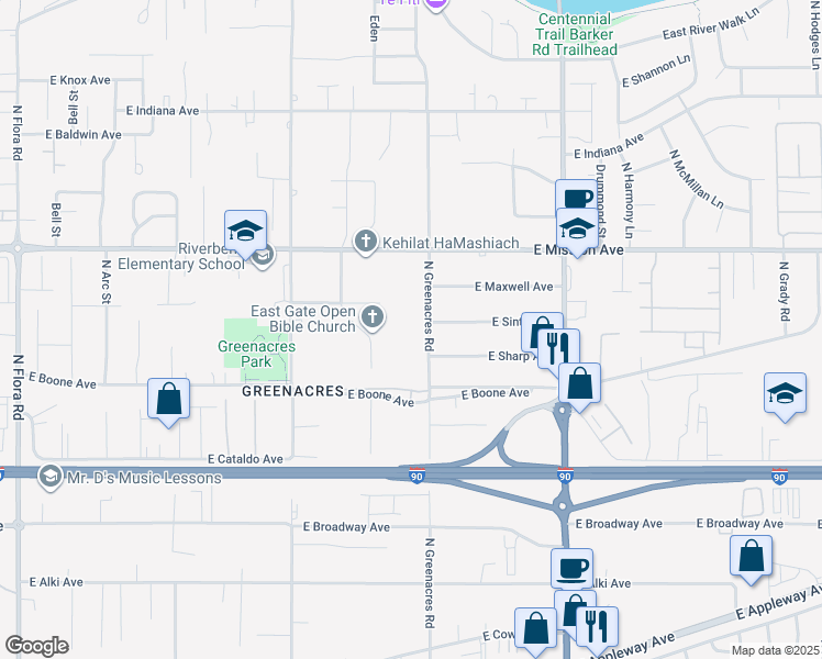 map of restaurants, bars, coffee shops, grocery stores, and more near 1410 North Greenacres Road in Spokane Valley