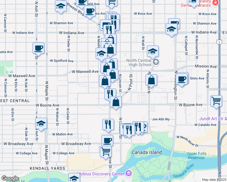 map of restaurants, bars, coffee shops, grocery stores, and more near 1322 North Monroe Street in Spokane