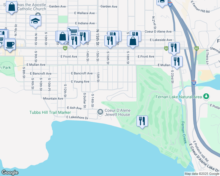 map of restaurants, bars, coffee shops, grocery stores, and more near 402 South 16th Street in Coeur d'Alene