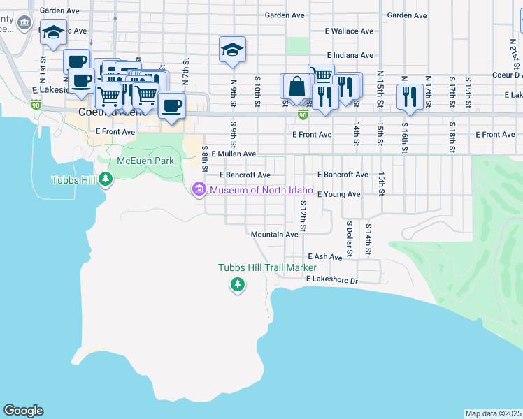 map of restaurants, bars, coffee shops, grocery stores, and more near 1024 East Young Avenue in Coeur d'Alene