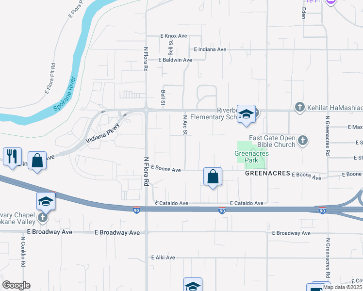 map of restaurants, bars, coffee shops, grocery stores, and more near 1418 North Bell Street in Spokane Valley