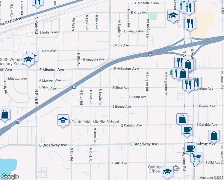 map of restaurants, bars, coffee shops, grocery stores, and more near 1411 North Mesa Road in Spokane Valley