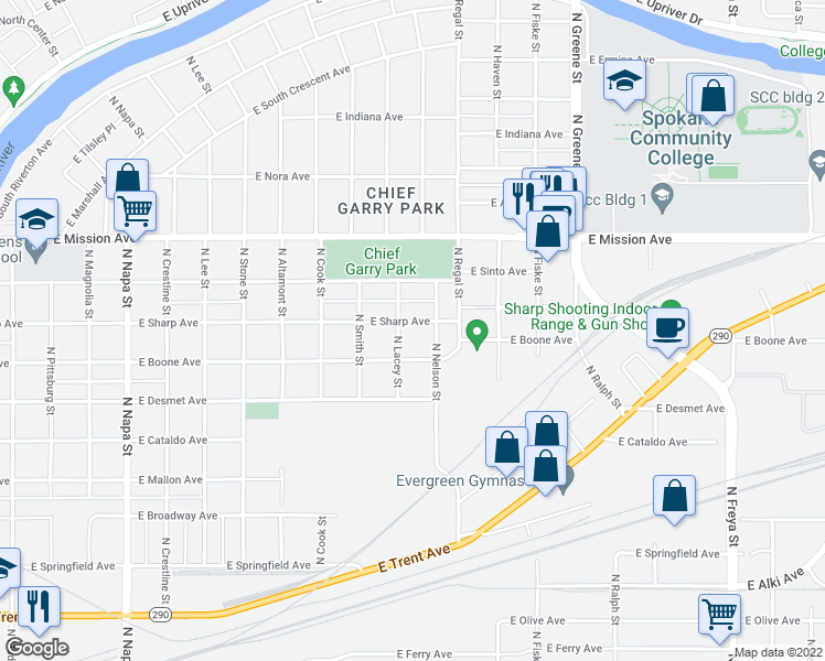 map of restaurants, bars, coffee shops, grocery stores, and more near 2709 East Sharp Avenue in Spokane