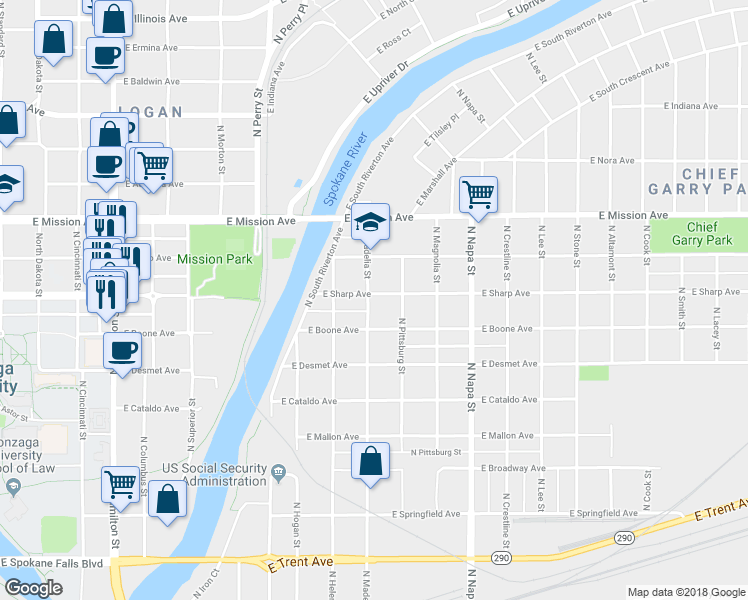 map of restaurants, bars, coffee shops, grocery stores, and more near 1314 North Madelia Street in Spokane