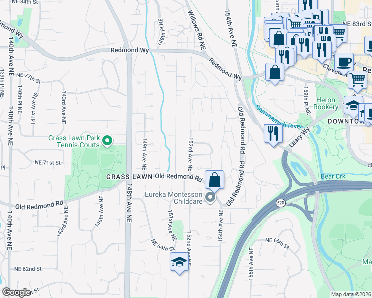 map of restaurants, bars, coffee shops, grocery stores, and more near 15212 Northeast 73rd Street in Redmond