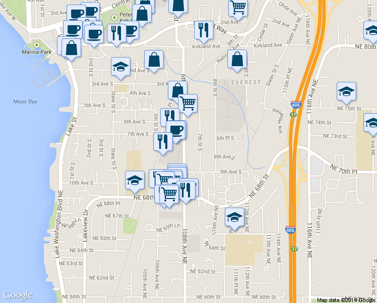 map of restaurants, bars, coffee shops, grocery stores, and more near 630 6th Street South in Kirkland
