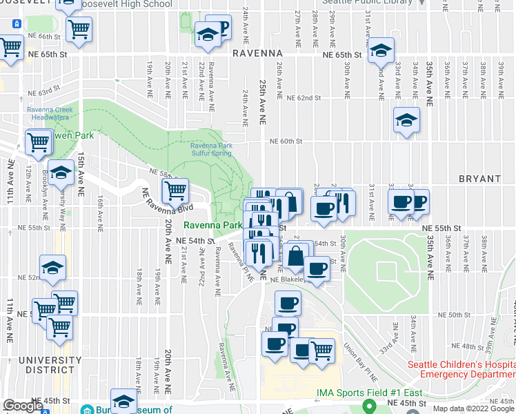 map of restaurants, bars, coffee shops, grocery stores, and more near 5547 25th Avenue Northeast in Seattle