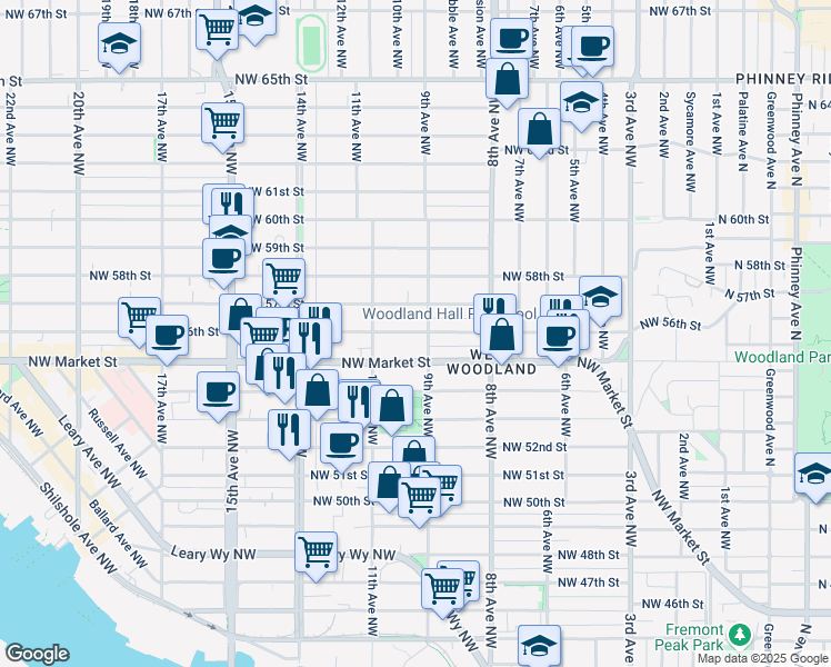 map of restaurants, bars, coffee shops, grocery stores, and more near 847 Northwest 57th Street in Seattle