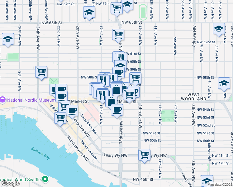 map of restaurants, bars, coffee shops, grocery stores, and more near 1527 Northwest 57th Street in Seattle