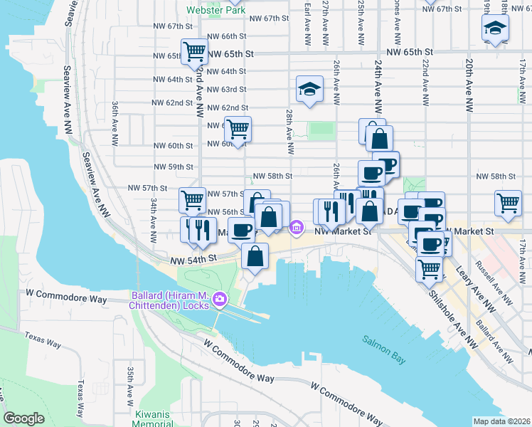 map of restaurants, bars, coffee shops, grocery stores, and more near 2825 Northwest 57th Street in Seattle