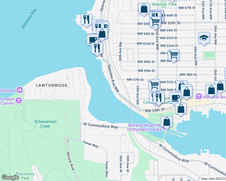 map of restaurants, bars, coffee shops, grocery stores, and more near 5608 Seaview Avenue Northwest in Seattle