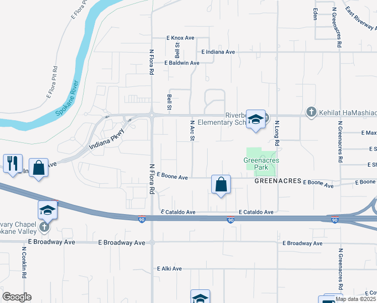map of restaurants, bars, coffee shops, grocery stores, and more near 1317 North Arc Street in Spokane Valley