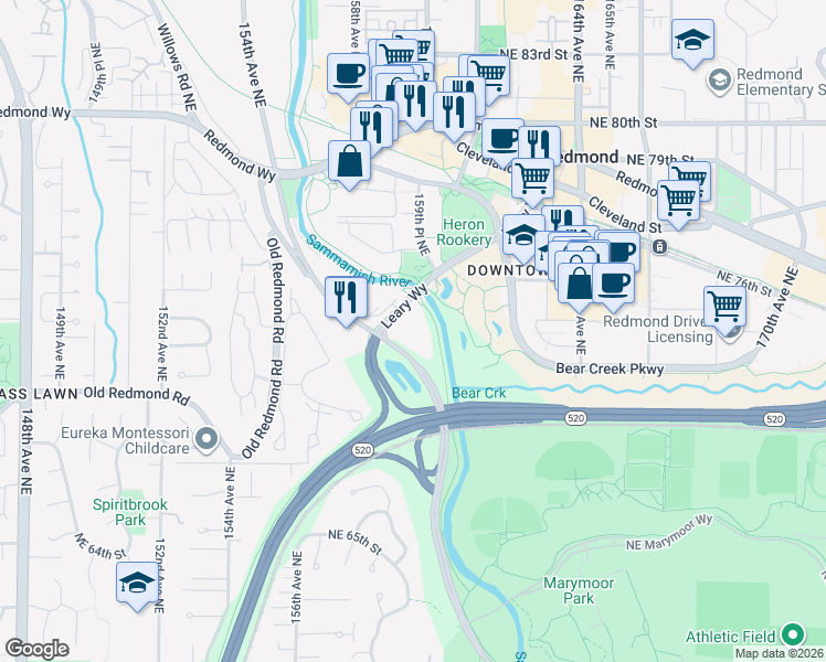 map of restaurants, bars, coffee shops, grocery stores, and more near 15827 Leary Way Northeast in Redmond