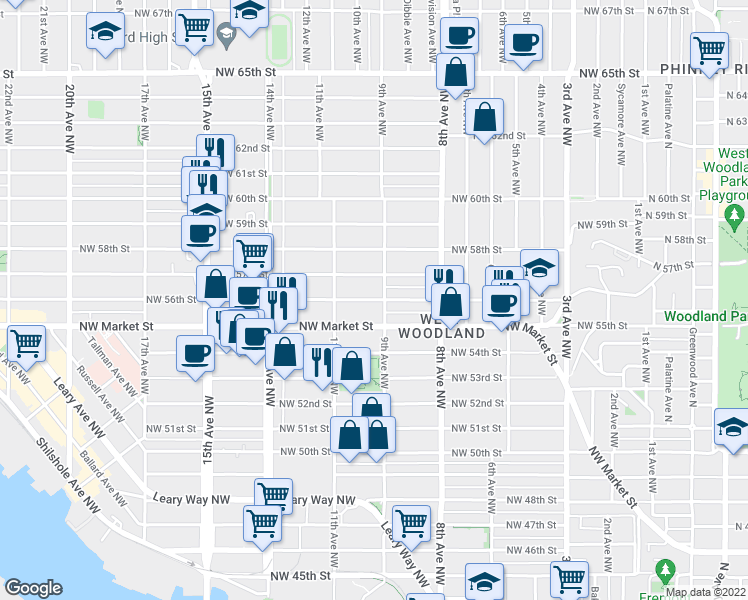 map of restaurants, bars, coffee shops, grocery stores, and more near 847 Northwest 57th Street in Seattle