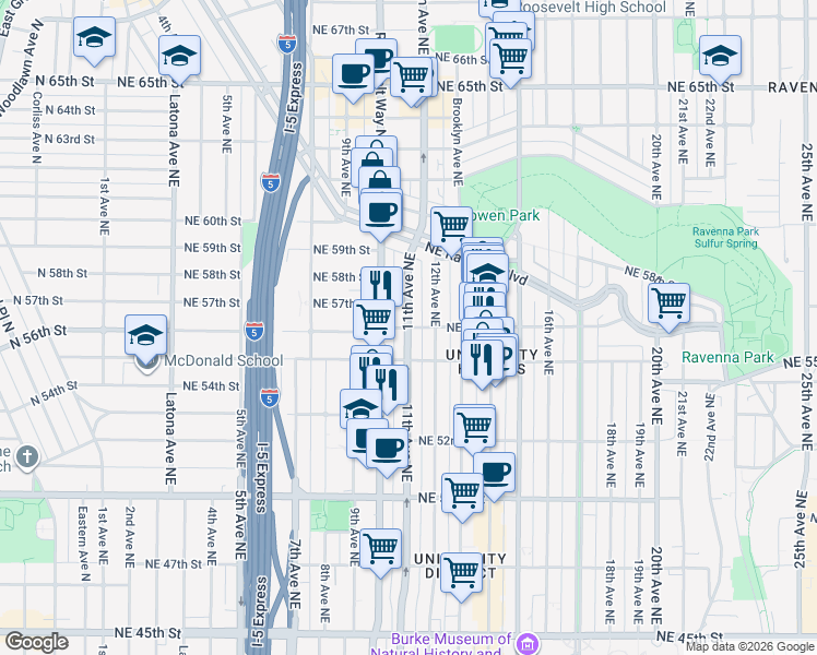 map of restaurants, bars, coffee shops, grocery stores, and more near 11th Avenue Northeast & Northeast 56th Street in Seattle