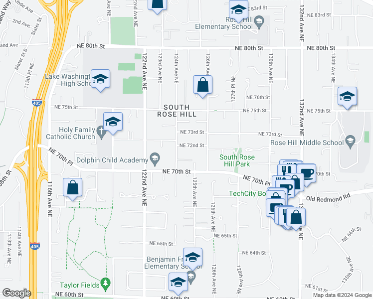 map of restaurants, bars, coffee shops, grocery stores, and more near 12419 Northeast 72nd Street in Kirkland