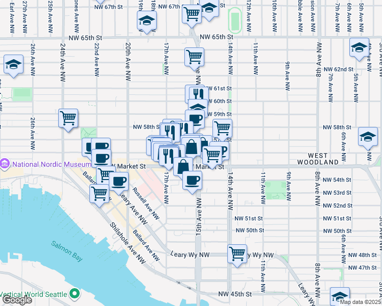 map of restaurants, bars, coffee shops, grocery stores, and more near 1547 Northwest 56th Street in Seattle