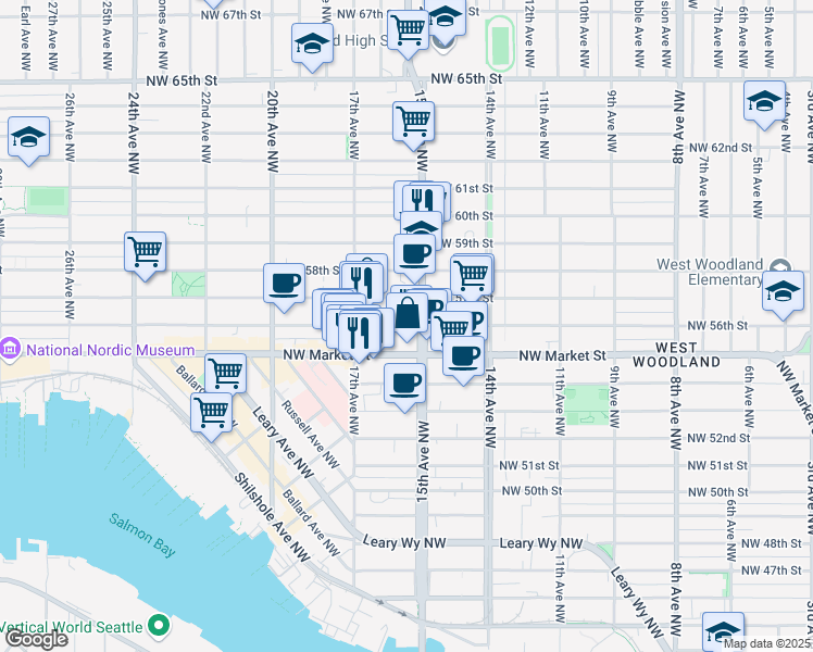 map of restaurants, bars, coffee shops, grocery stores, and more near 1547 Northwest 56th Street in Seattle