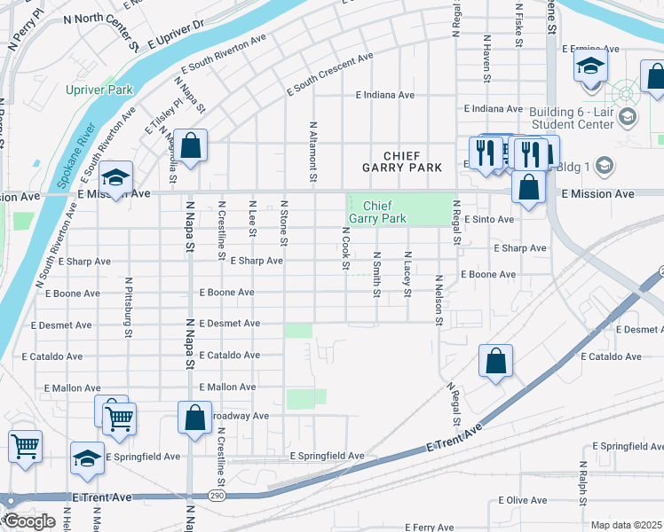 map of restaurants, bars, coffee shops, grocery stores, and more near 2418 East Sharp Avenue in Spokane