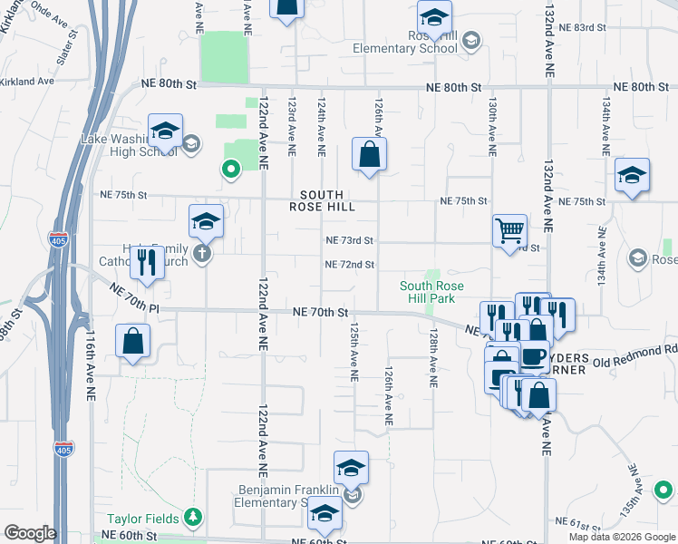map of restaurants, bars, coffee shops, grocery stores, and more near 12419 Northeast 72nd Street in Kirkland