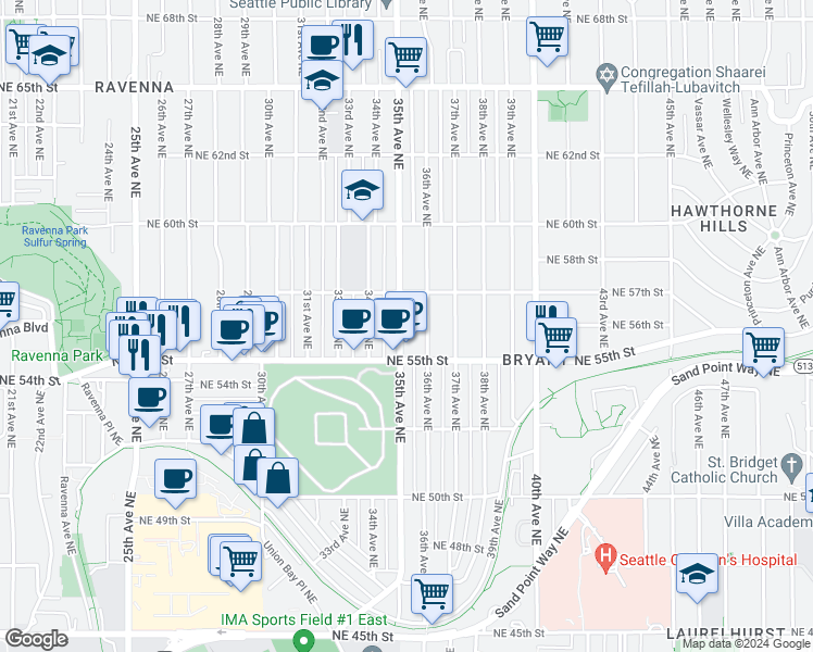 map of restaurants, bars, coffee shops, grocery stores, and more near 5530 35th Avenue Northeast in Seattle