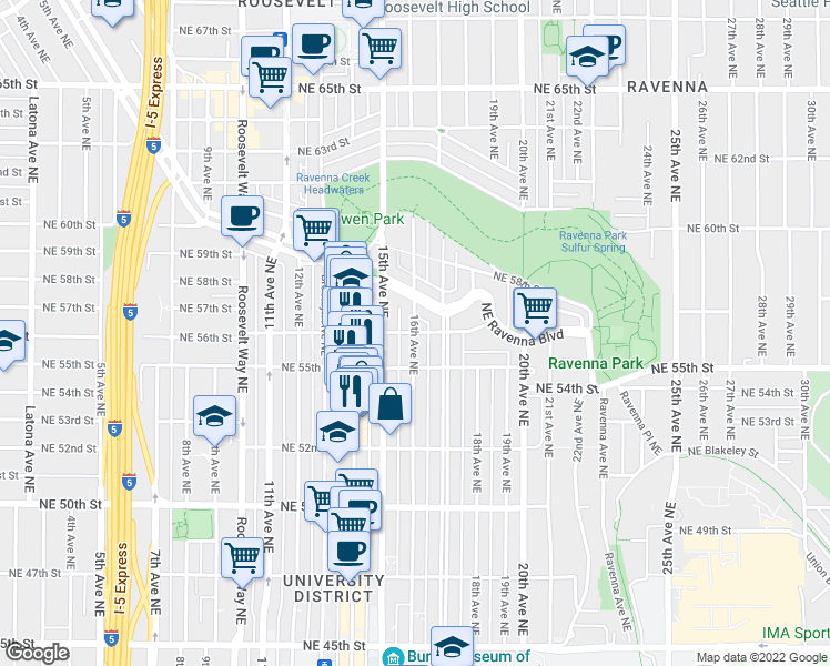 map of restaurants, bars, coffee shops, grocery stores, and more near 16th Avenue Northeast & Northeast 56th Street in Seattle