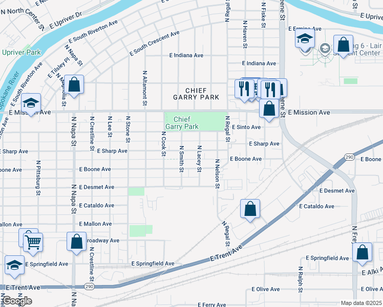 map of restaurants, bars, coffee shops, grocery stores, and more near 2618 East Sharp Avenue in Spokane