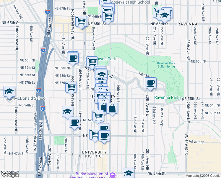 map of restaurants, bars, coffee shops, grocery stores, and more near 15th Avenue Northeast & Northeast 56th Street in Seattle