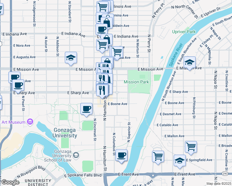 map of restaurants, bars, coffee shops, grocery stores, and more near 1304 North Columbus Street in Spokane