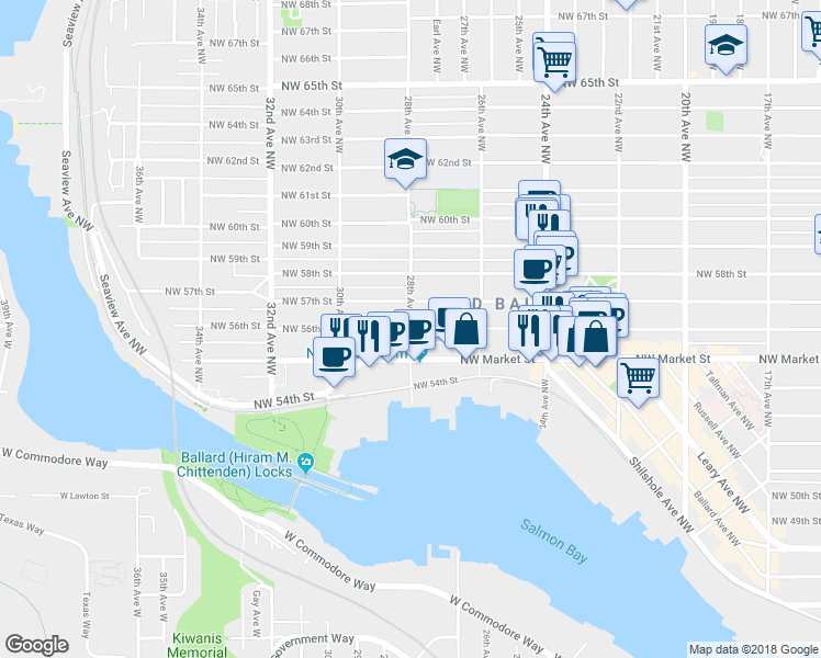 map of restaurants, bars, coffee shops, grocery stores, and more near 28th Ave NW & NW 56th St in Seattle