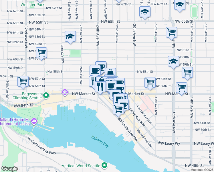 map of restaurants, bars, coffee shops, grocery stores, and more near 2245 Northwest 56th Street in Seattle