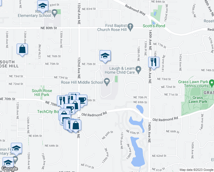 map of restaurants, bars, coffee shops, grocery stores, and more near 13505 Northeast 75th Street in Redmond