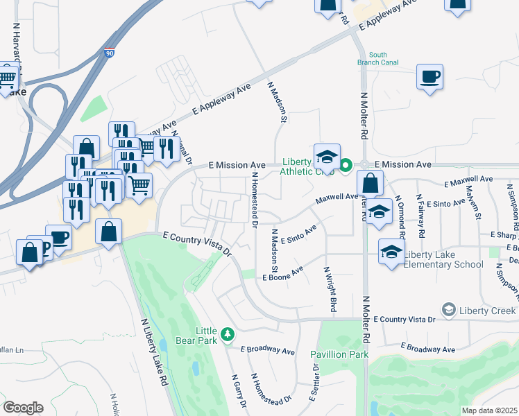 map of restaurants, bars, coffee shops, grocery stores, and more near 23008 East Remington Lane in Liberty Lake